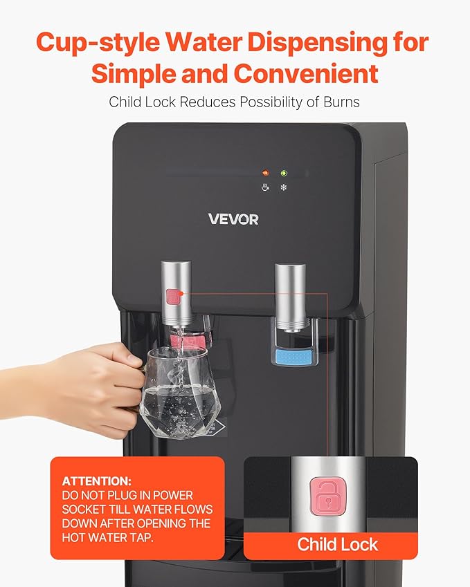 VEVOR Top Loading Water Cooler Dispenser, Hot and Cold Water Dispenser for 3 or 5 Gallons Bottles, Sturdy Stainless Steel and Child Security Lock, Ideal for Homes, Kitchens, Offices, Dorms, Black