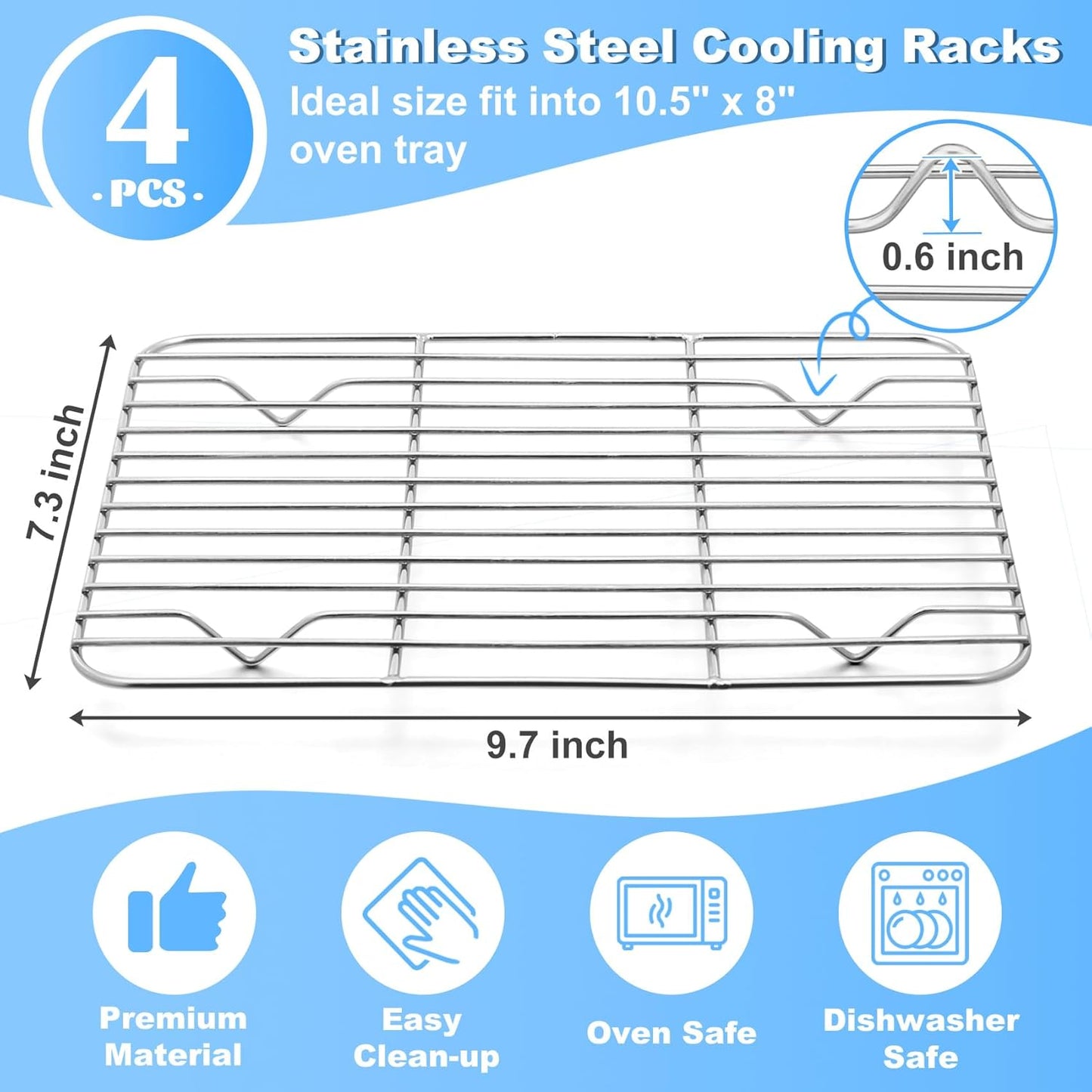 P&P CHEF Baking Cooling Rack Set for Cooking Roasting, 4-Piece Stainless Steel Wire Racks for Oven Use, Healthy & Dishwasher Safe, Rectangle, 9.7 Inch