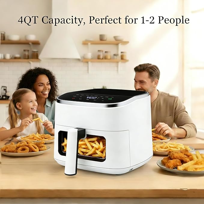 HealSmart 4 Qt Air Fryer with Visible Window, 8-in-1 Digital Airfryer with Interior Light, 1500W, Nonstick Dishwasher-Safe Basket for Fries, Bake, Wings, 60-Min Timer, White