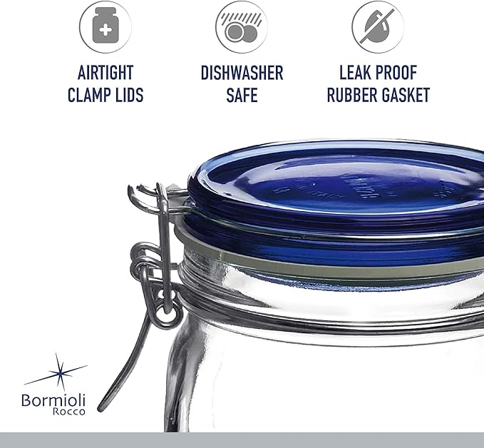 Bormioli Rocco Fido Collection, 2 Pack, 50.75 Oz. Food Storage Glass Jars, Airtight Rubber Seal & Glass Lid, With Stainless Wire Clamp, Made In Italy.