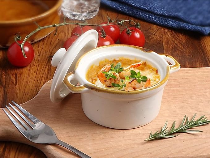 ONEMORE Ramekins with Lids, 6 oz Oven Safe Ceramic Mini Casserole Dish with Lid & Brown Rim for French Onion Soup, Speckled Mini Dutch Oven Cocotte Set of 4 for Individual Serving, Creamy White