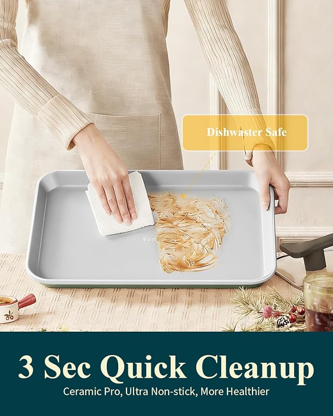 7PCS Ceramic-Coated Baking Sheet Set - 10x15in Jelly Roll Pan Non-Stick Cookie Sheet with Wire Rack, Silicone Spatula & 4 Cookie Cutters, PFAS Free, Oven Safe (550°F), Pistachio Green