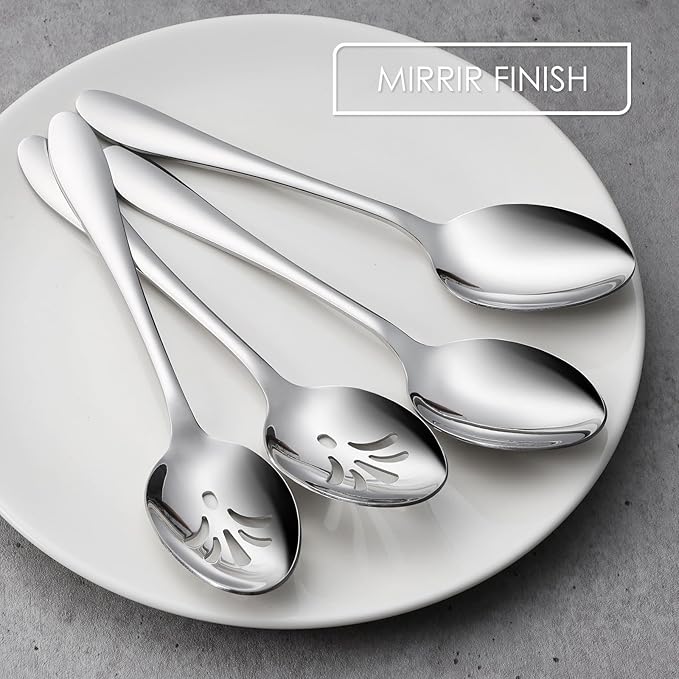 E-far Stainless Steel Serving Utensils, 4-Piece Serving Spoons Set Includes Slotted & Solid Spoons, Metal Hostess Tablespoons for Catering Buffet Party Kitchen Restaurant