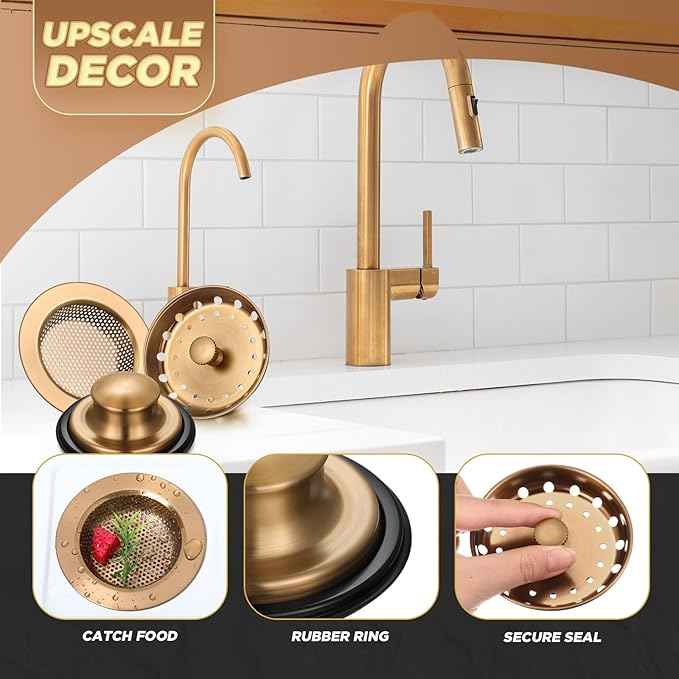Mudder 3 Pcs Kitchen Sink Drain Strainer and Stopper Stainless Steel Garbage Disposal Plug with Handle Universal Anti-Clogging Kitchen Sink Filter Sieve Basket Strainer (Champagne Bronze)
