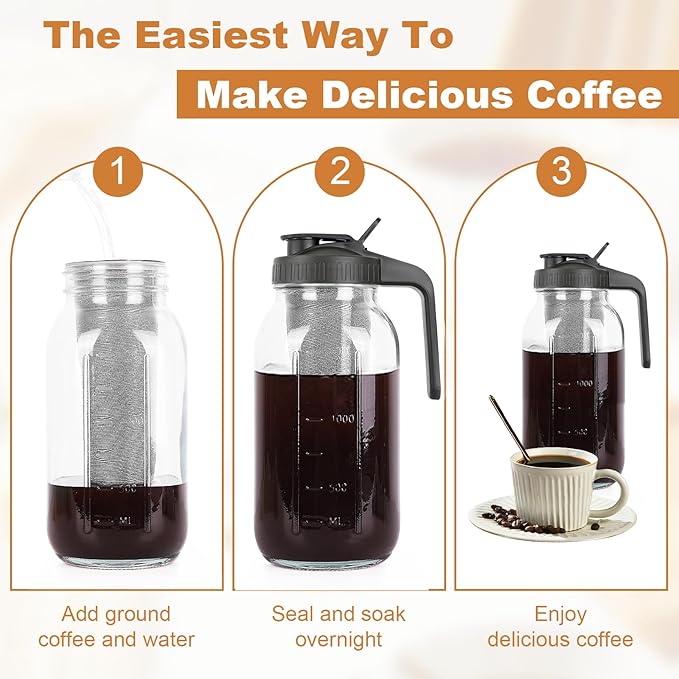 Cold Brew Coffee Maker,64 oz Mason Jar Pitcher with Stainless Steel Filter, Pour Spout Handle Lid, Heavy Duty Glass Airtight & Leak-Proof for Iced Coffee,Tea & Lemonade