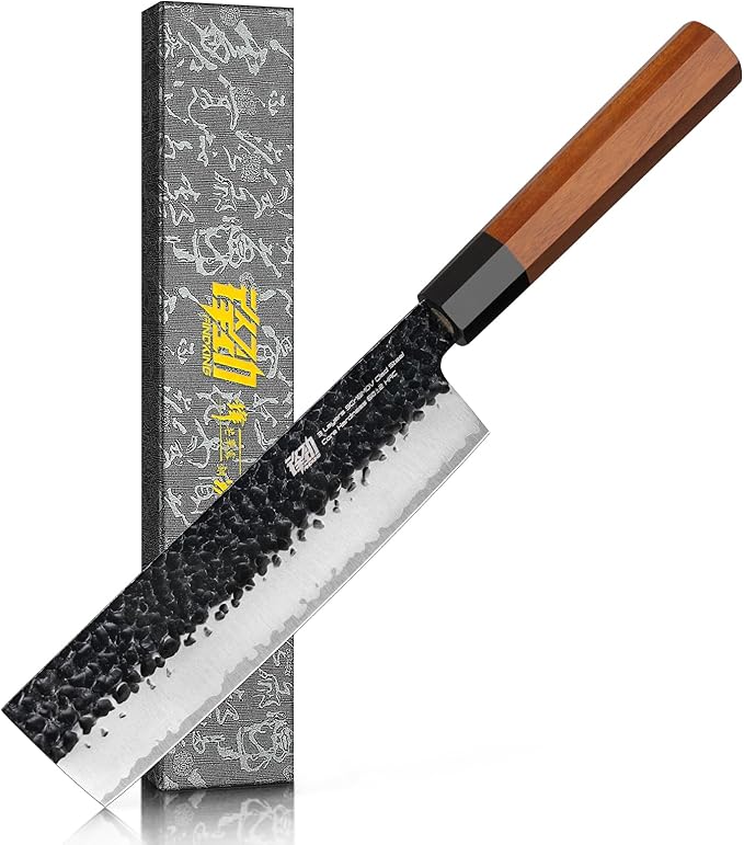 FINDKING Japanese Nakiri Knife 7 Inch, Vegetable Cleaver with High Carbon Steel Blade, Rosewood Octagonal Handle, for Vegetable Prep, Slicing, Chopping and Mincing, Dynasty Series