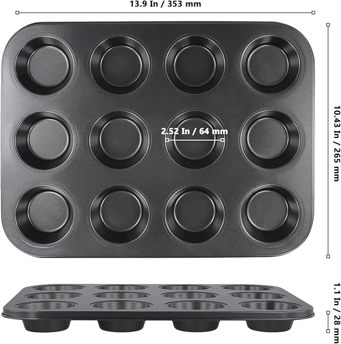 12-Cup Muffin Pan, Non-Stick Cupcake Baking Tin, 4 Pack Carbon Steel Cup Cake Tray for Oven Baking Cheesecake, Quiche, Easy Clean, Gray, 13.9"x10.4"x1.1"