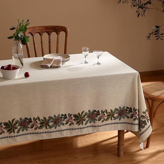 ISAENNE Designer Christmas Linen Small Square Tablecloth,Light Beige Western Elegant Table Cloth,Wrinkle Resistant Decor Tablecloths for Dining Thanksgiving Kitchen Christmas,55"*55"-Carol G