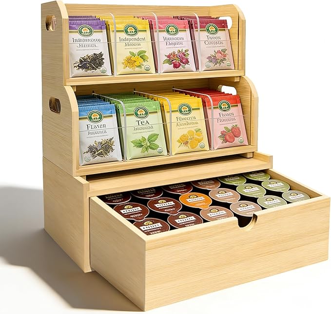 3-Layer Stackable Bamboo Tea Bag Organizer with Drawer, No-Tool Assembly Tea Organizers and Storage Holder for Countertop, Cabinet, Office, Kitchen, Pantry