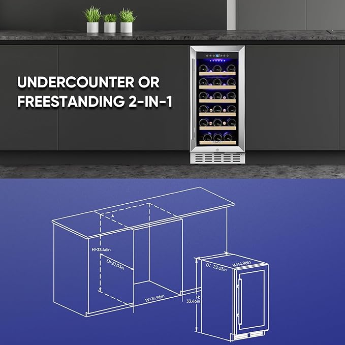 ORYMUSE 15 Inch Wine Cooler Under Counter, 30 Bottle Wine Fridge with Stainless Steel Glass Door, Built-In or Freestanding Wine Cellar with Removable Shelves and Digital Temperature Control