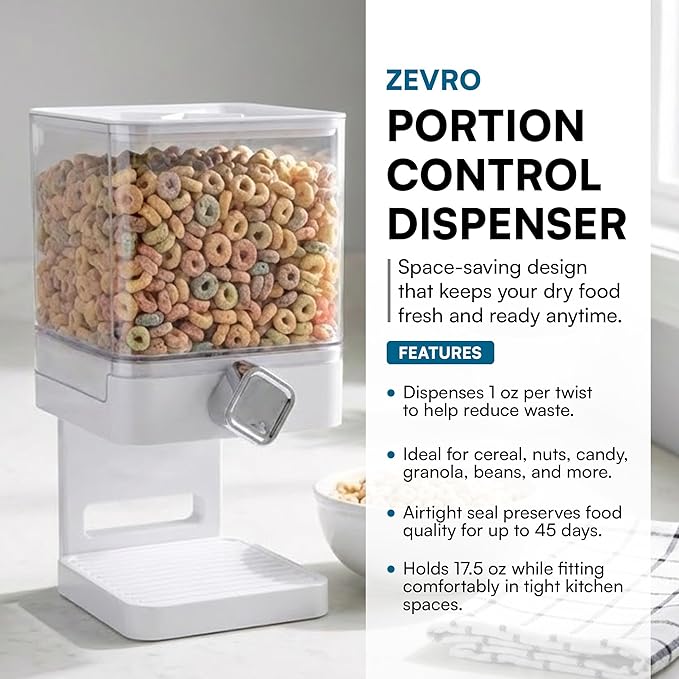 Zevro Compact Dry Food Dispenser, Single Control, White/Chrome