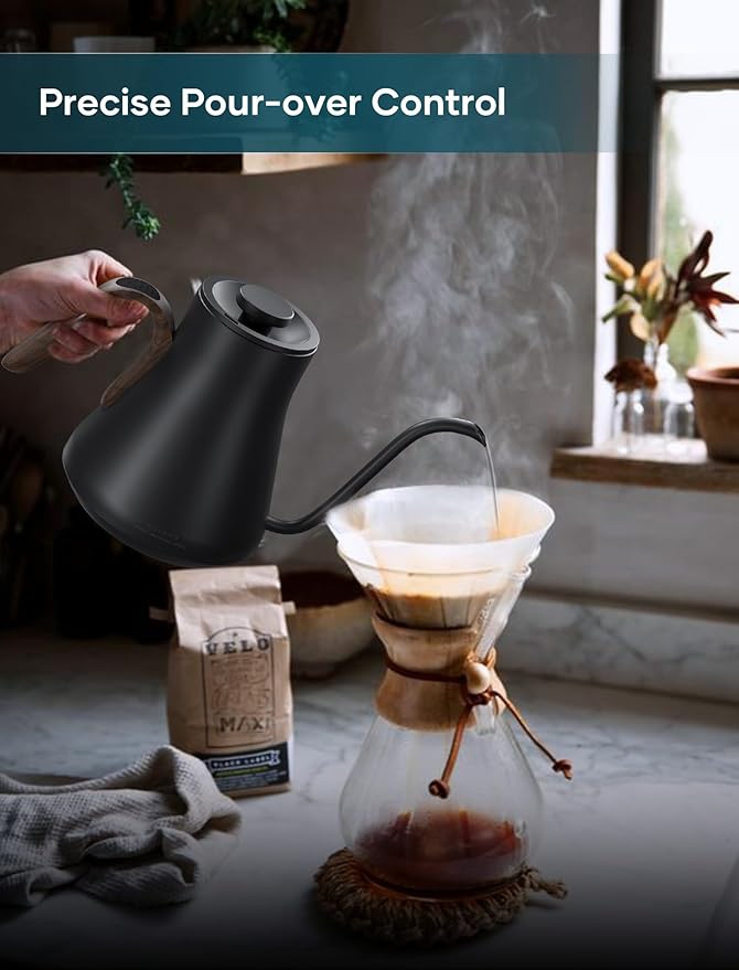 INTASTING Gooseneck Electric Kettle with ±1℉ Temperature Control for Pour Over Coffee & Tea, Quick Heating, BPA-Free Stainless Steel, Built-in Brew Timer, 1500W/0.9L (Black Walnut)