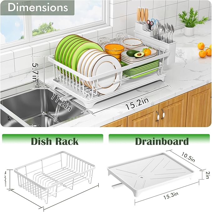 Kmiectse Dish Drying Rack - Space-Saving Small Dish Rack for Kitchen Counter, Rust-Resistant Kitchen Drying Rack, Compact Dish Drainer Organizer with Utensil Holder for Home Kitchen, White