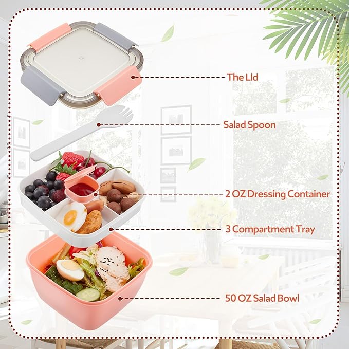 Tessco for you 6 Pcs Salad Lunch Container 50 oz Salad Container with 3 Compartment Reusable Bento Box for Adults Stackable Lunch Bowl for Meal Snack Fruit(Pink)