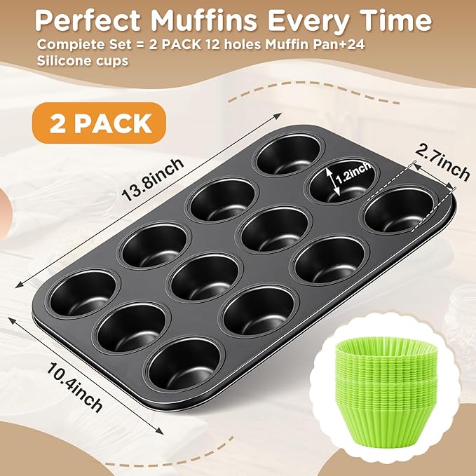 2 Set 12-cup Non Stick Carbon Steel Muffin Pan for Baking with 24 Reusable Silicone Liners, Non Toxic Cupcake Pan Muffin Tin for Easter Wedding Brownies Egg Bite, Easy to Pop(Green)