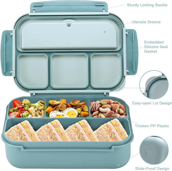 shell and turtle Bento Box Adult Lunch Box, Lunch Containers for Kids Girls Boys with 4 Compartments, Lunchable Food Container with Utensils, Sauce Jar, Muffin Liners, 40 Oz/5 Cup, Light Teal