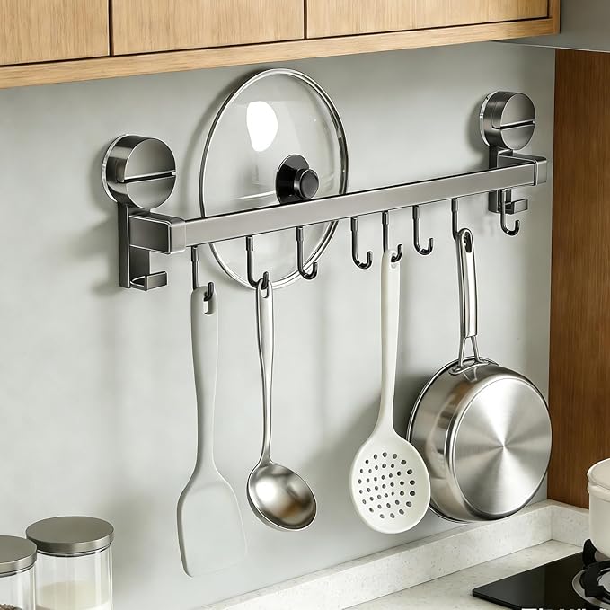 Wall Mounted Utensil Hook Rack with 8 Hooks, No Drill Installation, Space Gray Finish, Kitchen Organizer for Coats, Bags, and Accessories，Suction Cup Storage (1Pack)