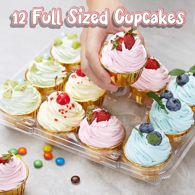Gencywe (12 Pack x 20 Sets) Stackable Cupcake Carrier with 240 Pack Liners, Plastic Cupcake Boxes Holders for 12 Cupcakes, High Tall Dome Lid Cupcake Containers, Clear Disposable Cupcake Trays