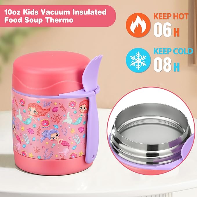 Pawtong Bento Lunch Box Set With 10oz Soup Thermo, Leak-proof Lunch Containers with 4 Compartment, Kids Hot Thermo Food Jar/Insulation Lunch Bag, Food Containers for School（Mermaid）