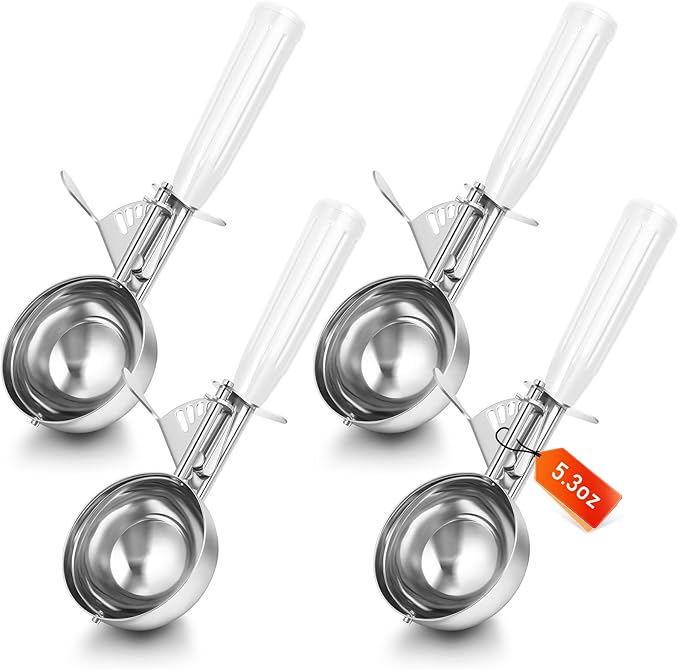 Reallnaive 4 Pcs Release Cookie Scoops Ice Cream Scooper with Trigger Release Portion Scoop Stainless Steel for Portion Control, Baking Food, Cookie Dough (5.3 oz,White)