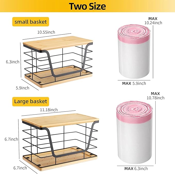 ALOCEO 2 Pack Large Garbage Bag Dispenser for 13/30/33 Gallon Bags, Potato and Onion Storage Baskets with Bamboo Lid, Stainless Steel Stackable Storage Bins for Kitchen Laundry Pantry Room