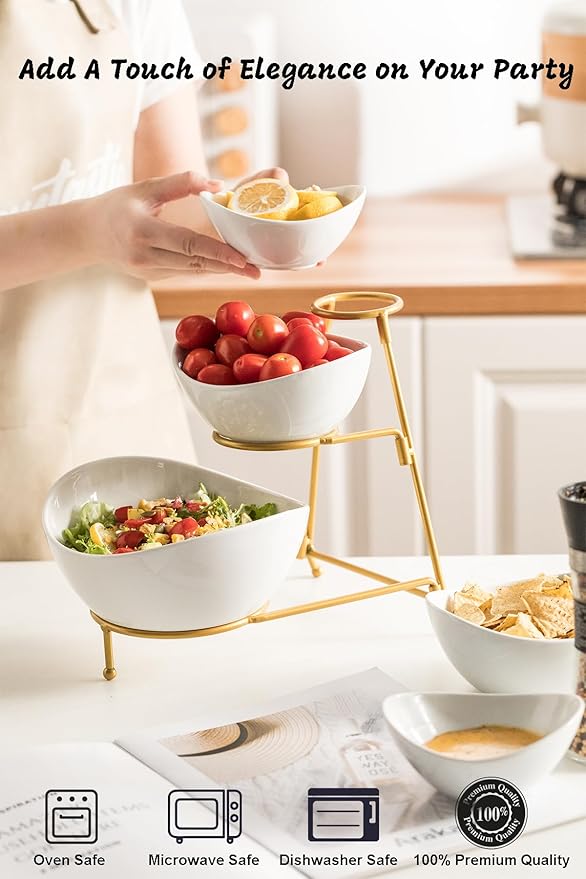 LAUCHUH 3 Tier Serving Stand Serving Dishes for Entertaining Porcelain Oval Bowl Set Tiered Serving Tray for Fruit, Vegetable, Nuts, Salad, Chip Dip Bowl Set for Easter, Mother's Day, Gold