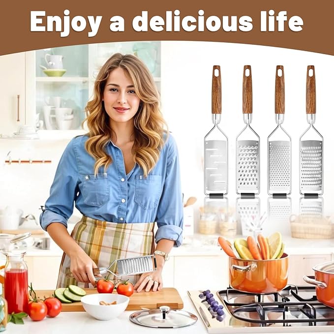 SHIKORI Stainless Steel & Wood Cheese Grater with Protective Cover - Modern, Rectangular, Slicer Color