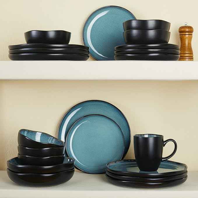 Stoneware Dinnerware Sets, Kitchen Plates and Bowls Set, Ceramic Dish Set for 4, Modern Chip & Scratch Resistant Dishware Sets, Durable Reactive Glaze Dinner Set, Green Black