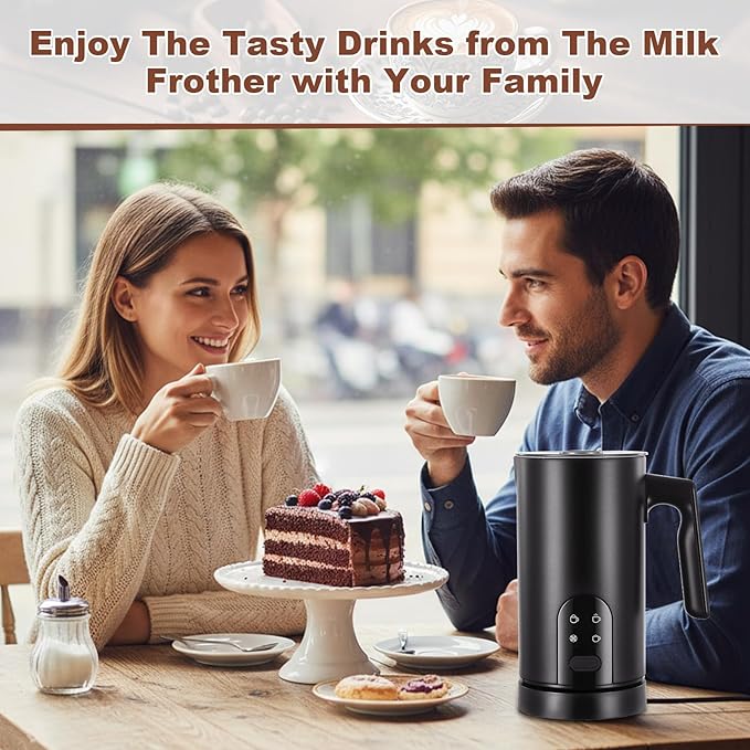 Electric Milk Frother Automatic Hot & Cold Foam Maker Auto Shut-Off Durable Stainless Steel Milk Frother with 4 Functions Enjoy Perfect Milk Froth in 2 Min for Coffee, Latte, Macchiato (Black)