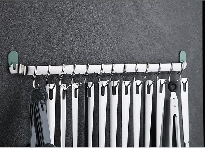 Kyraton Kitchen Utensil Rail Organizer - Wall Mounted Gourmet Rack With 14 Hooks for Hanging Knives, Mugs, Spatulas, Pots and Utensils