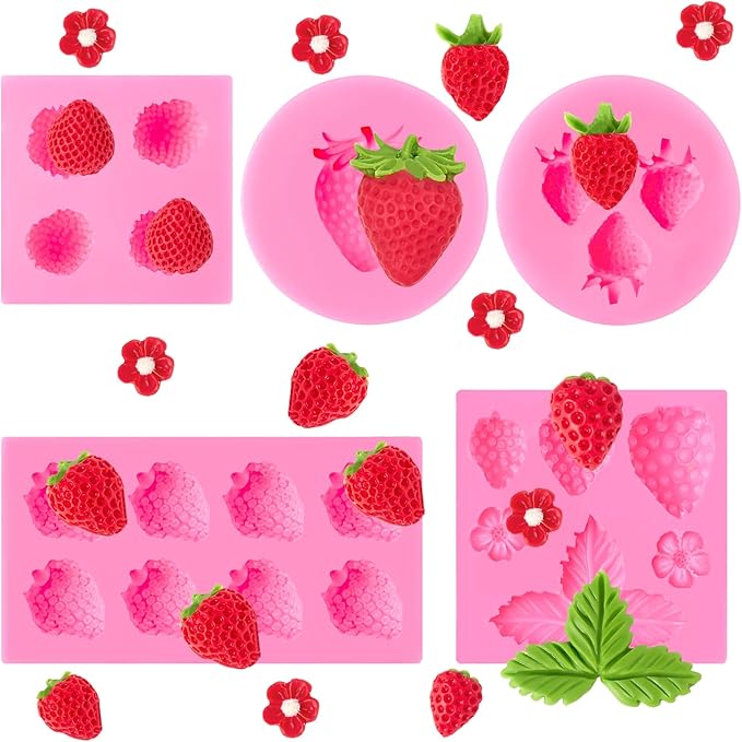 5 PCS Silicone Strawberry Molds, 3D Strawberry Fondant Molds for Chocolate, Candy, Cake Decoration, Cupcake Topper