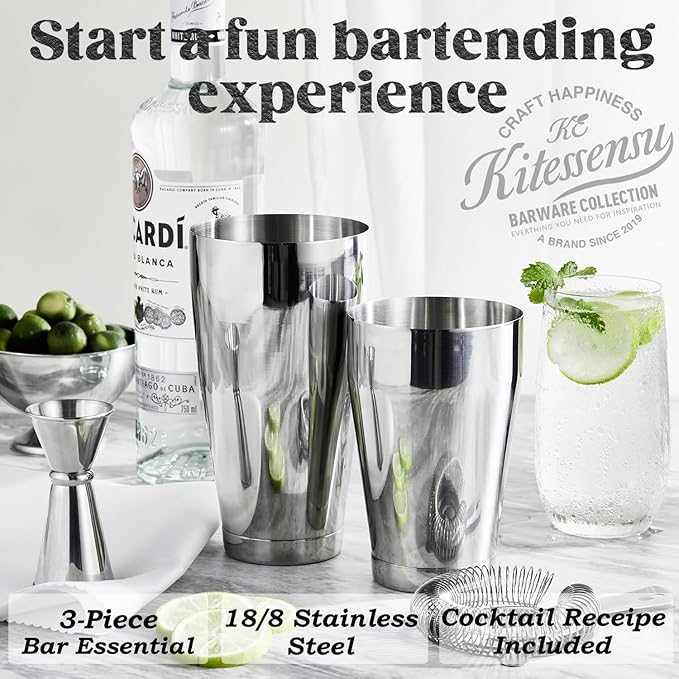KITESSENSU Boston Cocktail Shaker Set, 4-Piece Boston Shaker Tins Bartender Kit with 18oz & 28oz Mixed Drink Shaker, Hawthorne Strainer, Double Measuring Jigger, Cocktail Recipe Cards Included