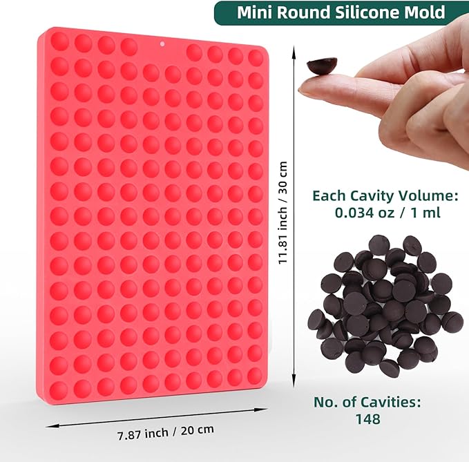 Mini Round Silicone Molds, 148 Cavities Semi Sphere Chocolate Candy Mold for Baking and Freezing Chocolate Chip/Gumdrop/Cookie/Dog Treat/Cake Decor/Fruit Snack (with a Scraper)