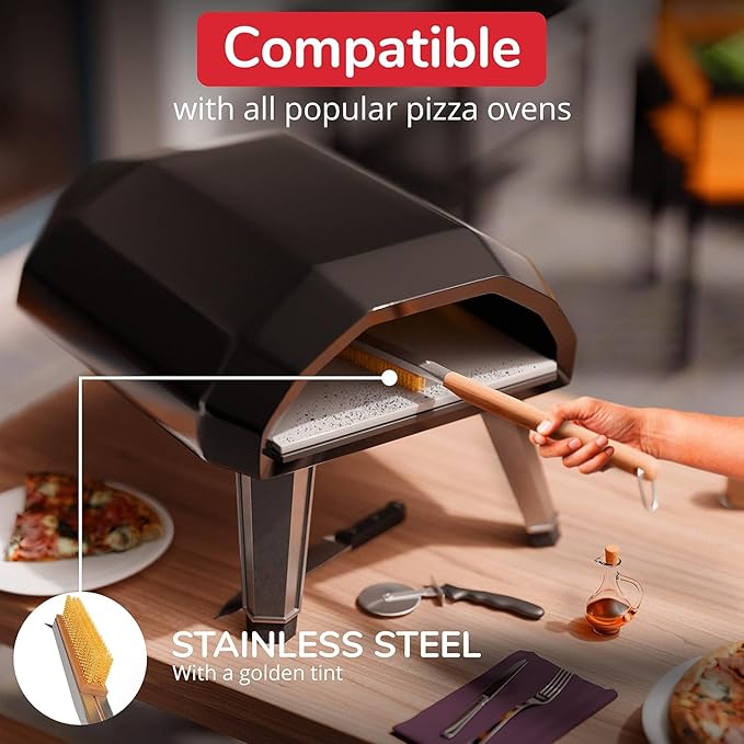 Senwosa 22” Pizza Oven Brush with Stone Scraper - Heat Resistant Stainless Steel Bristles, Long Handle - Compatible with Ooni, Gozney & Similar Ovens