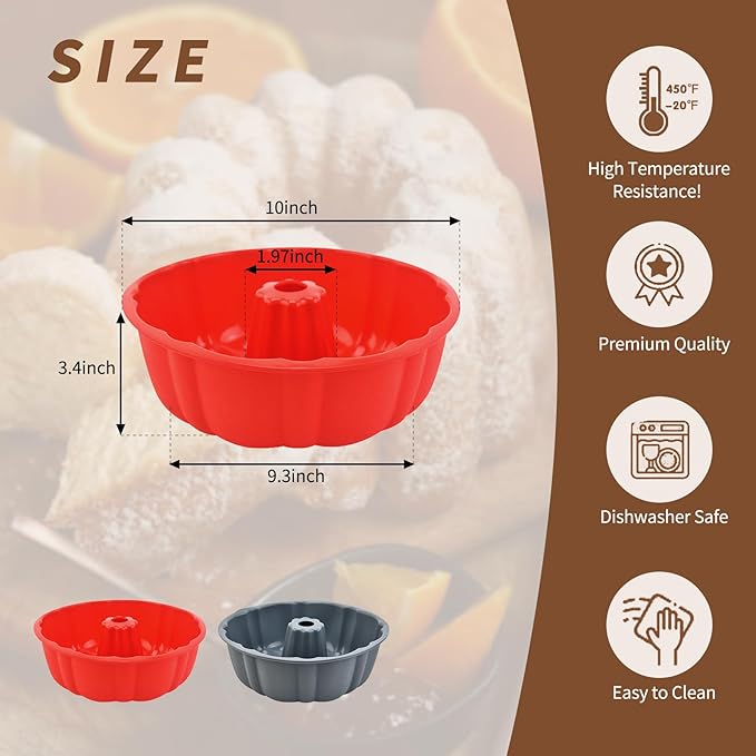 PADELE 2 Pack Silicone Cake Pan Nonstick,10 Inch, Silicone Cake Molds,Pound Cake Pan, Baking for Jello,Gelatin,Cake,Brownie and Bread (Red+Grey)
