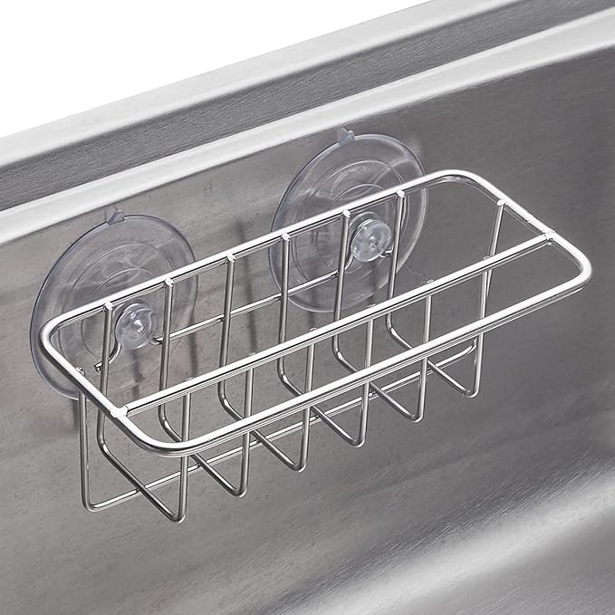 TESOT Sink Caddy Sponge Holder for Kitchen Sink Dish Cloth Hanger 2 Suspension Options(Suction Cups and Adhesive Hook), SUS304 Stainless Steel, Silver