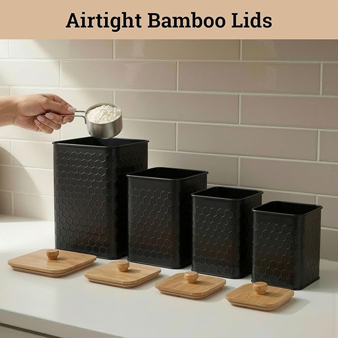 Kitchen Canisters for Countertop Set of 4 - Textured Iron Kitchen Canisters with Airtight Lids - Flour Sugar Canister Set - Flour and Sugar Containers Farmhouse - Coffee Jar for Counter - Black Jar x4