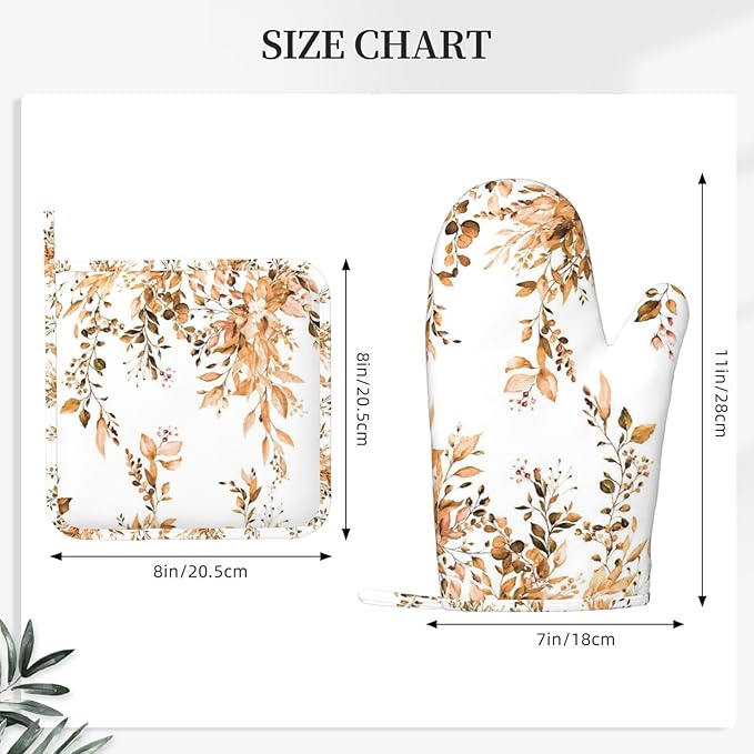 Orange Eucalyptus Oven Mitts and Pot Holders Set, 4pcs Silicone Fall Watercolor Plant Leaves with Floral Oven Glove for Kitchen Heat Resistant Oven Mitts and Potholders Non-Slip for Cooking