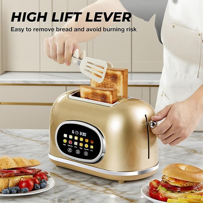 Roter Mond 2 Slice Toaster Smart Touch Screen, Retro Stainless Steel Bread Toaster with Digital Timer, Sleep Mode, Bagel, Cancel, and Defrost Functions, 6 Bread Types and Shade Settings, Gold