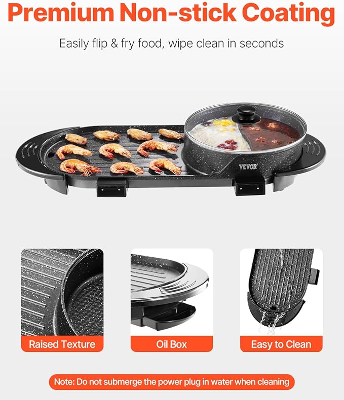 VEVOR Hot Pot with Grill, 2200W 2-in-1 Electric Smokeless Grill and Hot Pot, Korean BBQ Shabu Shabu Hotpot with Separate Dual Temperature Control, Non-stick Pan, for 1-6 People Family Dinning