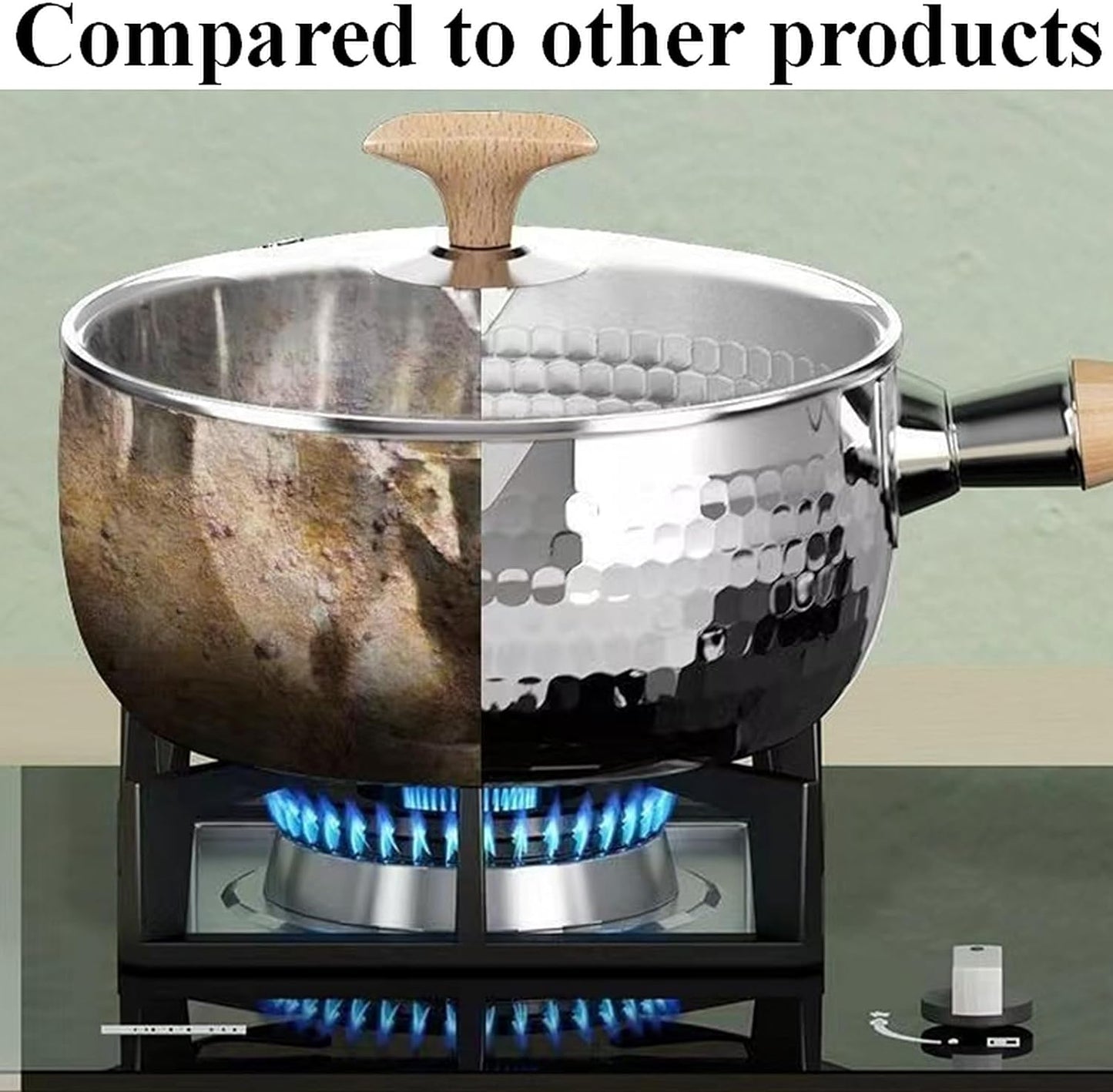 2.2 Quart Silver Stainless Steel Sauce Pot with Inverted Mouth, Solid Wood Handle, Hook, Lid, Suitable for Induction, Gas, Electric Stoves