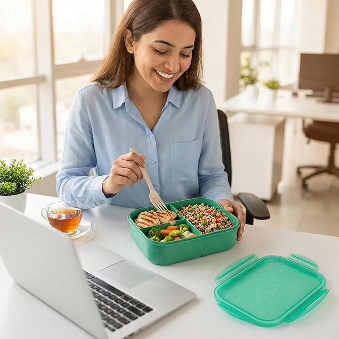 MISS BIG® Bento Box for Adults – Reusable Wheat Material Lunch Box with Compartments, Leak Proof Food Container for Meal Prep, Work & Home – Microwave & Dishwasher Safe Adult Lunch box(1900ml Green)