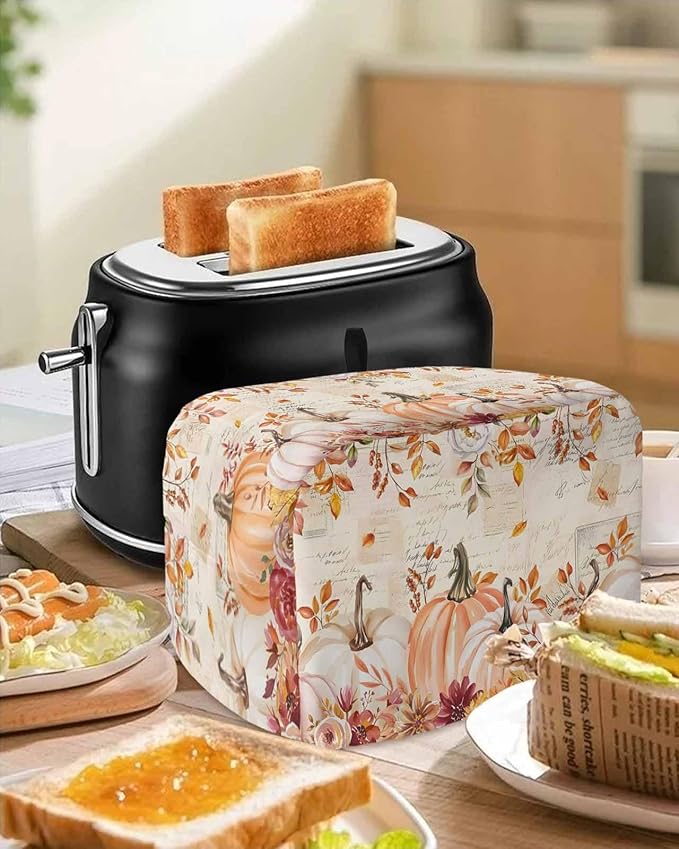 Pink Orange Pumpkins Fall Toaster Cover 2 Slice, Thanksgiving Leaves Dustproof Bakeware Oven Protector with Top Hook, Autumn Floral Waterproof Small Kitchen Appliance Toasters Dust Cover, 12"x7.5"x8"