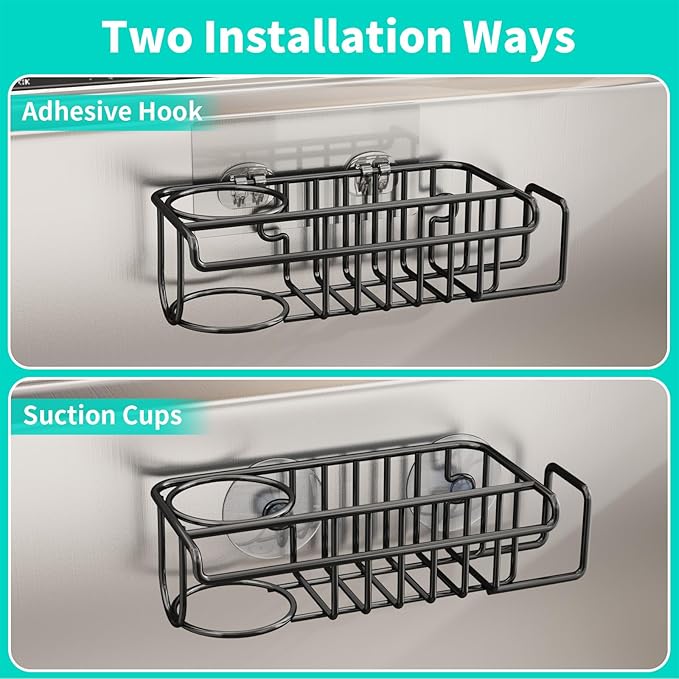 HapiRm 4 in 1 Kitchen Organizers and Storage, SUS304 Stainless Steel Brush Holder + Dish Cloth Hanger + Soap Rack + Sink Stopper Rack, No Drill Kitchen Essentials - Black