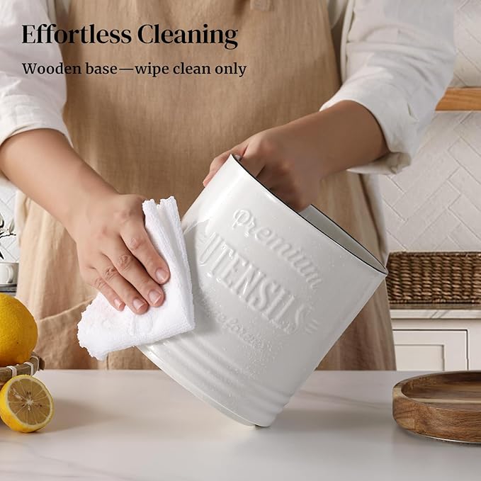 DOWAN 360° Rotating Extra Large Cooking Utensil Holder, 7.6" Kitchen Utensil Holder for Countertop, Utensil Crock for Farmhouse Kitchen Decor, Ceramic Stable Utensil Caddy, White Text