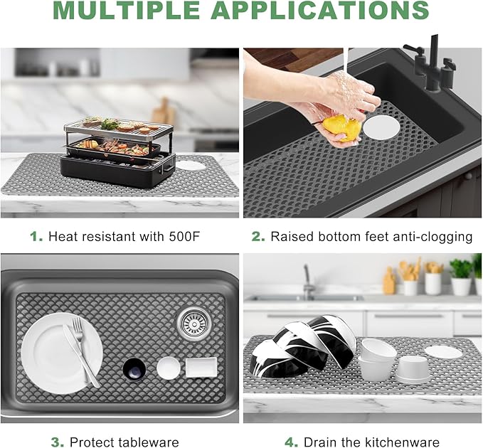 Sink Protectors for Kitchen Sinks - Large 28.4“ x 15” with Right Side Top Hole Heat Resistant Easy to Clean Non-Slip Kitchen Sink Mat for Kitchens Sinks Stainless Steel Bottom (Grey) - 72x38CM