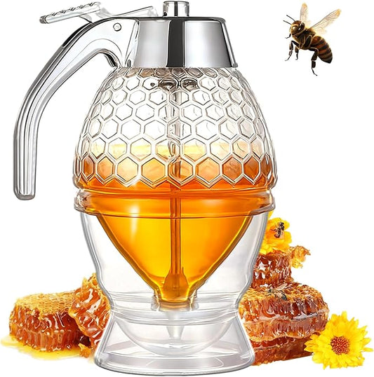 Honey Dispenser - Glass Honey Dispenser No Drip, 8oz Pot with Stand, Maple Syrup Container, Elegant Honeycomb Shaped Jar for Tea Time (general)