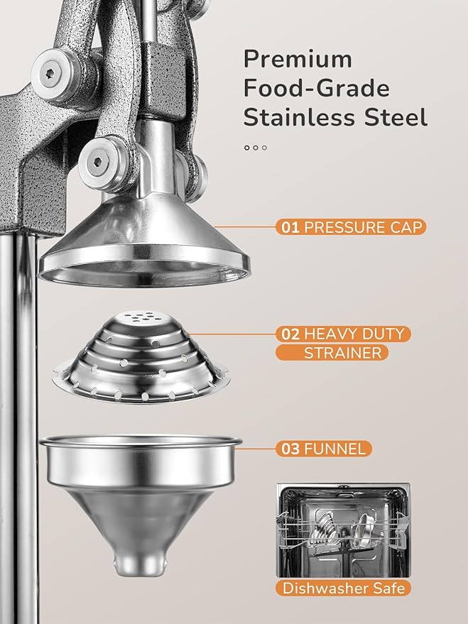 QCen Professional Cast Iron Manual Juicer, Heavy Duty Citrus Press with Stainless Steel Strainer, Easy-to-Clean Hand Squeezer for Orange, Lemon, Lime and Grapefruit - Black (Silver)