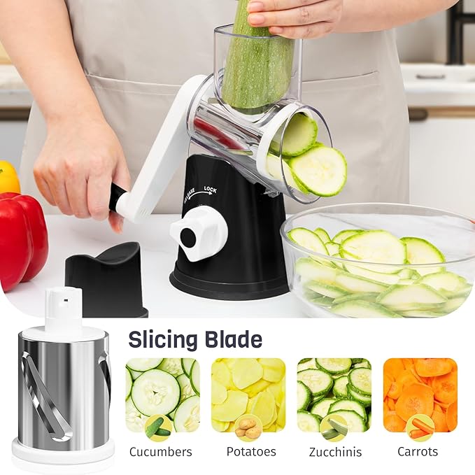 Rotary Cheese Grater Hand Crank, 3 Blades Slicer Shredder, Cheese Grater for Kitchen, Multi-Functional Kitchen Tool for Vegetables, Nuts, Chocolate, with Strong Suction Base, Black