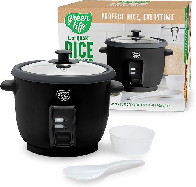 GreenLife Rice Cooker with Removable PFAS-Free Ceramic Nonstick Pot, 3-Cups Uncooked/6-Cups Cooked, Grains & Oatmeal Multicooker, Compact One-Switch Design, Auto Keep Warm, Easy Clean, Black